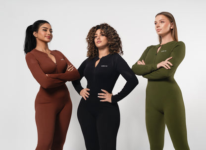 ZIP FRONT JUMPSUIT -Brown