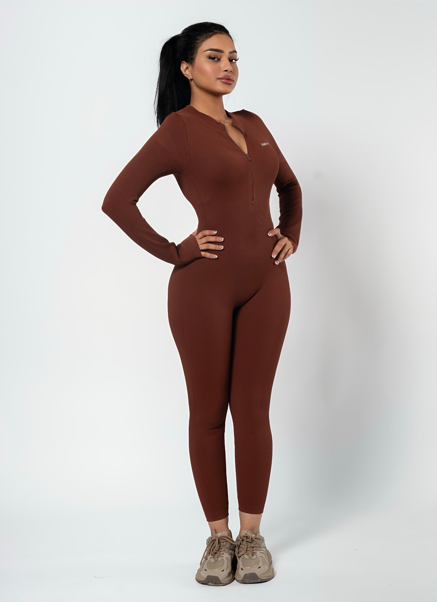 ZIP FRONT JUMPSUIT -Brown