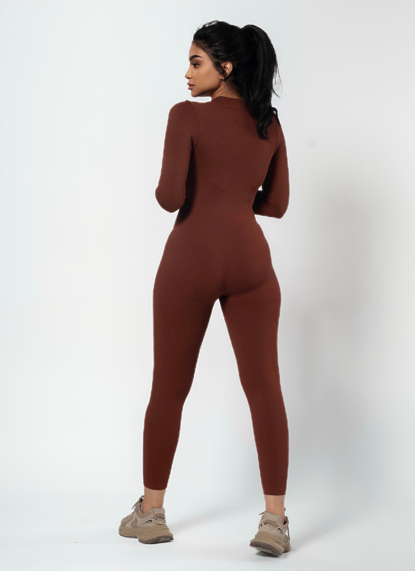 ZIP FRONT JUMPSUIT -Brown
