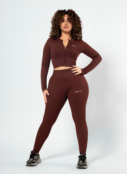 RIBBED ZIP SET (2-PIECE)-Brown