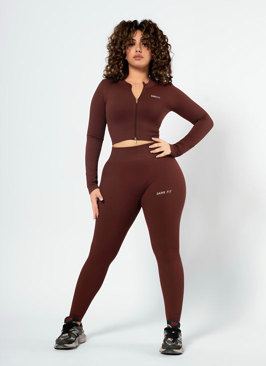 RIBBED ZIP SET (2-PIECE)-Brown