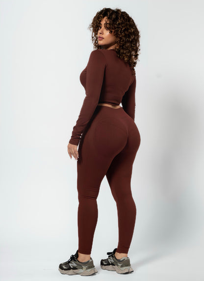 RIBBED ZIP SET (2-PIECE)-Brown